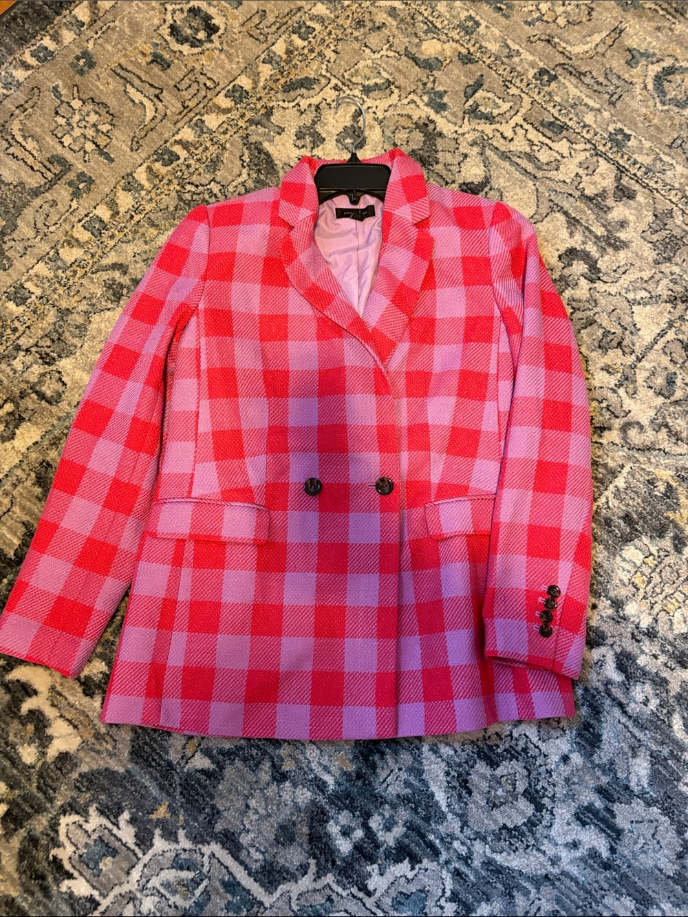 Ann Taylor Pink and Red Plaid Double-Breasted Blazer